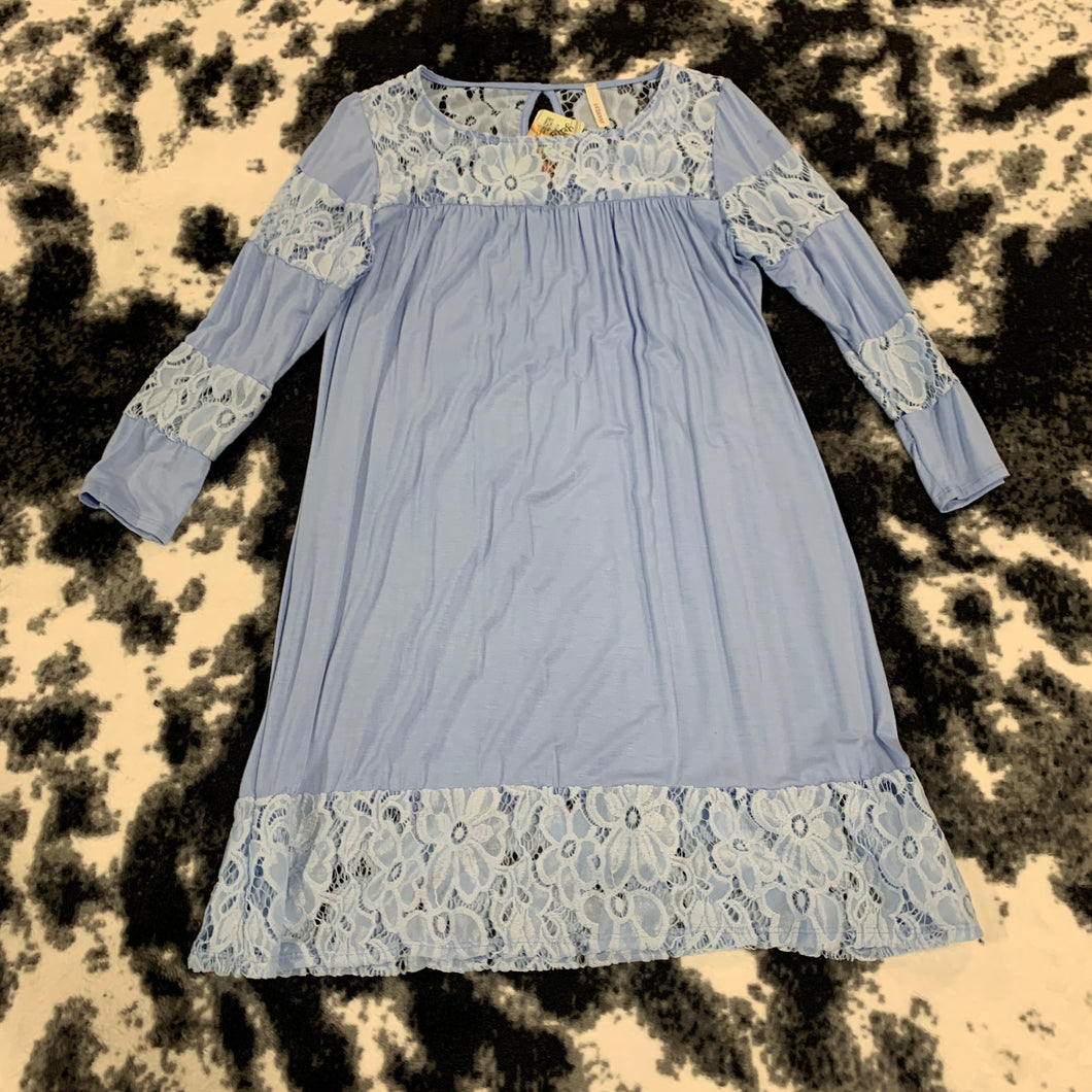 324 - Blue Long Sleeve Dress With Lace - Size S