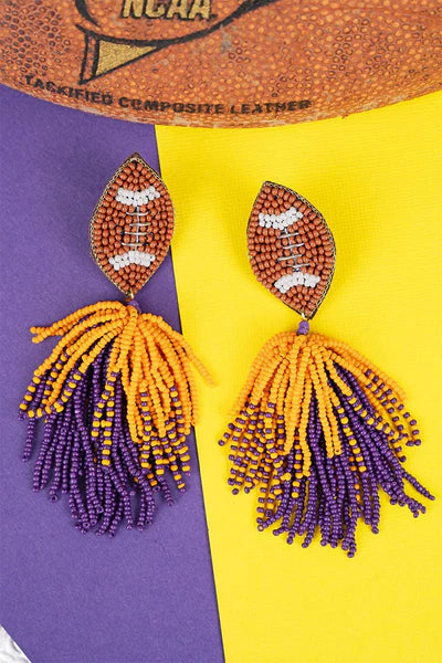 Football & Pom Pom Earrings - Purple / Gold