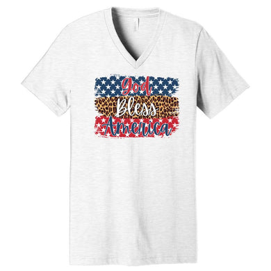 God Bless America w/ Stars & Leopard - Ash Grey V-Neck